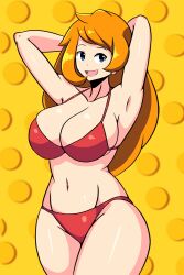 Rule 34 | 1girl, absurdres, armpits, arms behind head, bikini, blue eyes, breasts, cleavage, highres, iggybomb, large breasts, long hair, looking at viewer, mario (series), mona (warioware), navel, nintendo, open mouth, orange hair, red bikini, smile, solo, swimsuit, thick thighs, thighs, warioware