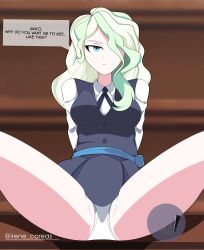 Rule 34 | 1girl, absurdres, aqua eyes, artist name, blue eyes, blurry, blurry background, bracelet, breasts, breeches, closed mouth, dialogue box, diamondgreenanimat0, diana cavendish, green hair, half body, highres, jewelry, legs apart, legs up, little witch academia, looking at viewer, medium breasts, non-web source, panties, self-upload, signature, simple background, skirt, solo, spread legs, underwear, wavy hair, white hair, white panties