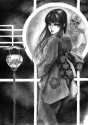 Rule 34 | 1girl, from behind, graphite (medium), greyscale, hane (azelye), japanese clothes, kimono, lantern, long hair, long sleeves, looking at viewer, looking back, mirror, monochrome, obi, original, sash, skeleton, solo, standing, traditional media, wide sleeves