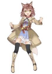 Rule 34 | 1girl, :d, amane rosylily, animal ear fluff, animal ears, belt, belt buckle, black thighhighs, blush, boots, brown belt, brown coat, brown eyes, brown footwear, brown hair, buckle, clenched hands, coat, collarbone, commentary request, criss-cross halter, dress, fang, fox ears, fox girl, fox tail, full body, halterneck, highres, knee boots, long sleeves, looking at viewer, open clothes, open coat, open mouth, original, sekira ame, simple background, smile, solo, standing, tail, thighhighs, white background, white dress