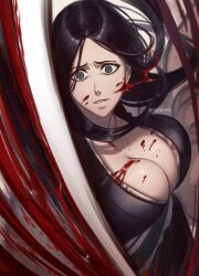 Rule 34 | 50x48x48, black hair, black kimono, bleach, bleach: sennen kessen-hen, blood, blood on breasts, blood on clothes, blood on face, blue eyes, breasts, cleavage, haori, highres, japanese clothes, kimono, large breasts, long hair, looking at viewer, parted bangs, parted lips, taichou haori, twitter username, unohana retsu