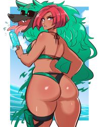 Rule 34 | 1girl, absurdres, ass, bikini, blue eyes, dark-skinned female, dark skin, dog, facing away, food, giovanna (guilty gear), green bikini, green fur, guilty gear, guilty gear strive, hand on own hip, highres, ice cream, licking, looking at viewer, red hair, rei (guilty gear), scruffyturtles, short hair, sunglasses, swimsuit, thigh strap, thighs, tongue, tongue out