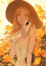 Rule 34 | 1girl, bag, blonde hair, bracelet, breasts, cellphone, commentary, dress, earrings, english commentary, fingernails, floral background, flower, hand up, handbag, hat, highres, holding, holding phone, hoop earrings, jewelry, long hair, nail polish, oppo (company), orange theme, parted lips, petals, phone, product placement, qiu tong, ring, short sleeves, small breasts, smile, solo, sq (series), straw hat, tanjiu, upper body, yellow dress, yellow eyes, yellow flower, yellow theme