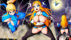 Rule 34 | adapted costume, ass, ass cutout, blonde hair, bodysuit, breasts, breasts out, chaps, cleavage, clothing cutout, crotch cutout, huge breasts, jewelry, large breasts, metroid, necklace, nintendo, princess zelda, pussy, revealing clothes, sagging breasts, samus aran, sideboob, slingshot swimsuit, super smash bros., swimsuit, the legend of zelda, the legend of zelda: breath of the wild, uncensored, witchking00, zero suit