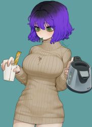 Rule 34 | 1girl, blue background, blush, breasts, closed mouth, cowboy shot, cup, disposable cup, dress, electric kettle, fingernails, green eyes, highres, holding, indie virtual youtuber, kettle, large breasts, medium hair, mouth hold, podone, purple hair, ribbed sweater, signature, simple background, slit pupils, solo, sparrowl, stained clothes, standing, sweater, sweater dress, virtual youtuber