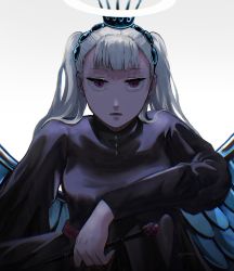 Rule 34 | 1girl, black clover, black robe, crown, feathered wings, grey hair, halo, highres, holding, holding wand, looking at viewer, noelle silva, poonwip, purple eyes, robe, solo, twintails, twitter username, wand, water wings, white background, wings
