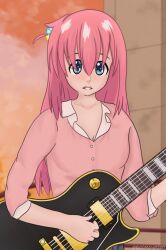 Rule 34 | 1girl, badman0207, blue eyes, bocchi the rock!, electric guitar, evening, gibson les paul, gotoh hitori, guitar, hair between eyes, highres, instrument, music, open mouth, outdoors, pink hair, playing instrument, self-upload, shirt, sunset