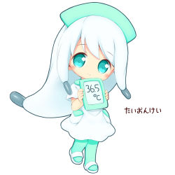 Rule 34 | 1girl, aikei ake, blue eyes, blush, chibi, closed mouth, digital thermometer, dress, full body, green hat, green pantyhose, grey hair, hat, highres, holding, long hair, looking at viewer, nurse cap, original, pantyhose, personification, sandals, short sleeves, simple background, smile, solo, temperature, thermometer, translation request, very long hair, white background, white dress, white footwear