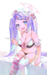 Rule 34 | 1girl, absurdres, armband, bandaid, bandaid hair ornament, bikini, blue archive, blue eyes, blush, breasts, cleavage, hair ornament, hairclip, halo, hanae (blue archive), hat, highres, holding, holding syringe, large breasts, long hair, looking at viewer, multicolored hair, nurse cap, open mouth, pill hair ornament, pink hair, purple hair, simple background, sitting, solo, striped clothes, striped thighhighs, swimsuit, syringe, thighhighs, twintails, very long hair, white armband, white background, yu1 na12