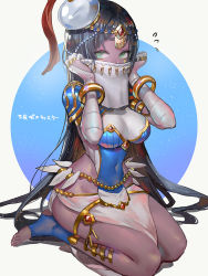 Rule 34 | 1girl, black hair, bracelet, breasts, canking, caster of the nocturnal castle, circlet, cleavage, dark-skinned female, dark skin, fate/grand order, fate (series), flying sweatdrops, forehead jewel, full body, green eyes, jewelry, large breasts, long hair, looking at viewer, mask, mouth veil, no panties, scheherazade (fate), seiza, sitting, solo, thumb ring, toeless legwear, toes, veil, very long hair, white background