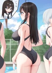 Rule 34 | 3girls, absurdres, ass, bare arms, bare shoulders, black one-piece swimsuit, blue eyes, blush, breasts, chain-link fence, day, fence, from behind, hair between eyes, highres, holding, large breasts, long hair, looking at viewer, multiple girls, nagi aoi, one-piece swimsuit, original, outdoors, pool, school uniform, serafuku, shirt, short hair, swim cap, swimsuit, thighs, unworn swim cap, white hair, white shirt