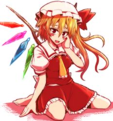 Rule 34 | 1girl, :d, ascot, barefoot, blonde hair, blush, blush stickers, breasts, flandre scarlet, full body, hand on own cheek, hand on own face, hat, looking at viewer, mob cap, open mouth, side ponytail, sitting, skirt, skirt set, smile, solo, tanakara, touhou, vest, wariza, wings
