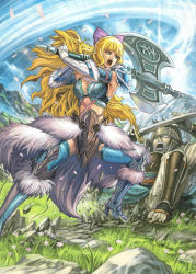 Rule 34 | 1boy, 1girl, alternate costume, angry, armor, armored boots, axe, blonde hair, blue eyes, boots, bow, breasts, center opening, charlotte (fire emblem), cleavage, day, fire emblem, fire emblem cipher, fire emblem fates, fur trim, gloves, hair bow, high heel boots, high heels, highres, holding, holding weapon, izuka daisuke, large breasts, long hair, nintendo, official art, open mouth, pauldrons, pelt, petals, purple bow, rock, scared, shoulder armor, sitting, sky, sword, thigh boots, thighhighs, weapon