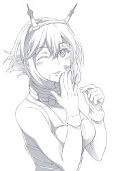 Rule 34 | 10s, 1girl, blowing kiss, breasts, cleavage, collar, collarbone, flipped hair, gloves, greyscale, hair between eyes, headgear, heart, highres, kantai collection, looking at viewer, medium breasts, monochrome, mutsu (kancolle), one eye closed, parted lips, short hair, simple background, sketch, sleeveless, solo, yoxtut