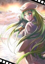 Rule 34 | 1girl, alice carroll, aria (manga), arm up, beret, blue eyes, capelet, commentary request, cowboy shot, dated, dutch angle, from behind, gold trim, green hair, hair between eyes, hat, highres, long hair, long sleeves, looking at viewer, nabana yuna, neckerchief, ocean, open mouth, orange planet uniform, sidelocks, solo, sunset, very long hair, white capelet, white hat, yellow neckerchief