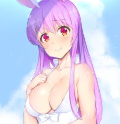 Rule 34 | 1girl, animal ears, areola slip, breasts, collarbone, commentary request, covered erect nipples, hashimoto w.s., long hair, looking at viewer, medium breasts, purple hair, rabbit ears, red eyes, reisen udongein inaba, smile, solo, touhou
