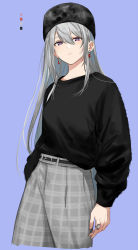 Rule 34 | 1girl, alternate costume, black hat, black shirt, breasts, casual, closed mouth, color guide, commentary, cowboy shot, earrings, english commentary, expressionless, eyelashes, fur hat, grey background, grey skirt, hair between eyes, hat, highres, higuchi kaede, higuchi kaede (6th costume), isshiki (ffmania7), jewelry, lips, long hair, long sleeves, looking at viewer, medium breasts, mole, mole under eye, nijisanji, plaid, plaid skirt, purple eyes, ring, shirt, silver hair, simple background, skirt, solo, straight hair, ushanka, virtual youtuber