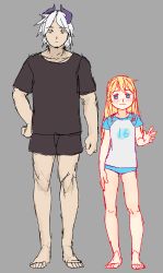 Rule 34 | 1boy, 1girl, absurdres, age difference, bare legs, blonde hair, full body, highres, horns, long hair, looking at viewer, original, pettankon, simple background, size difference, sketch, standing