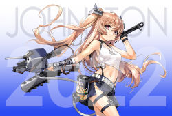 Rule 34 | 1girl, black skirt, brown eyes, closed mouth, clothes writing, club, club (weapon), cowboy shot, fake horns, hair between eyes, holding, holding weapon, horns, johnston (kancolle), kantai collection, light brown hair, long hair, machinery, navel, official art, oni horns, rigging, skirt, solo, spiked club, tank top, turret, two side up, weapon, white tank top, zeco