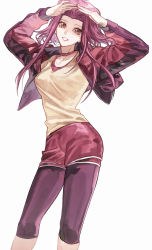 Rule 34 | 1girl, absurdres, arms up, brown eyes, choker, collarbone, floating hair, grin, hair intakes, highres, izayoi aki, jacket, long hair, long sleeves, looking at viewer, naoki (2rzmcaizerails6), open clothes, open jacket, pants, pants under shorts, pink hair, purple pants, red choker, red jacket, red shorts, shirt, short shorts, shorts, sidelocks, simple background, smile, solo, standing, white background, yellow shirt, yu-gi-oh!, yu-gi-oh! 5d&#039;s
