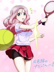 Rule 34 | 1girl, ball, bike shorts, black shorts, breasts, eyeshadow, girls und panzer, green eyes, highres, holding tennis racket, key (gaigaigai123), large breasts, long hair, looking at viewer, makeup, open mouth, parted bangs, peach (girls und panzer), pink eyeshadow, pink hair, racket, red skirt, shirt, short sleeves, shorts, skirt, solo, tennis ball, tennis racket, translation request, white shirt