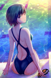 Rule 34 | 1girl, amagami, ass, black hair, brown eyes, competition swimsuit, from behind, goggles, haitaka, looking back, md5 mismatch, nanasaki ai, one-piece swimsuit, pool, resized, resolution mismatch, revision, short hair, sitting, solo, source larger, swimsuit, water