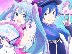 Rule 34 | 1boy, 1girl, aoiyui, aqua eyes, aqua hair, bare shoulders, bird, black headwear, blue eyes, blue gloves, blue hair, blue kimono, blue scarf, branch, cat, cherry blossoms, chicken, detached sleeves, earrings, fedora, fingerless gloves, folding fan, gloves, grin, hair ornament, hair stick, hand fan, hat, hatsune miku, holding, holding fan, jacket, japanese clothes, jewelry, kaito (vocaloid), kanzashi, kimono, long hair, looking at another, ooedo julia night (vocaloid), open mouth, paper fan, pink sleeves, scarf, sideways glance, smile, twintails, upper body, very long hair, vocaloid, w, white jacket