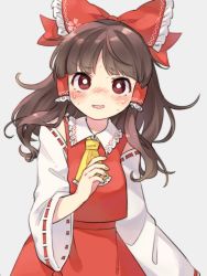 Rule 34 | 1girl, ascot, blush, bow, brown hair, collared shirt, cowboy shot, detached sleeves, frilled bow, frilled shirt collar, frills, grey background, hair bow, hair tubes, hakurei reimu, hand up, looking at viewer, medium hair, nervous, open mouth, protected link, red bow, red eyes, red shirt, red skirt, ribbon-trimmed sleeves, ribbon trim, sasa kichi, shirt, sidelocks, simple background, skirt, skirt set, sleeveless, sleeveless shirt, solo, sweat, touhou, wide sleeves, yellow ascot