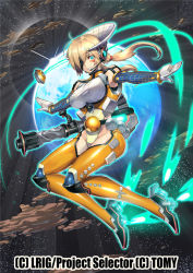 Rule 34 | 10s, 1girl, blonde hair, blue eyes, elbow gloves, eyepatch, facial mark, gloves, headphones, ishibashi yosuke, planet, skin tight, smile, solo, space, star (sky), star (symbol), twintails, weapon, wixoss