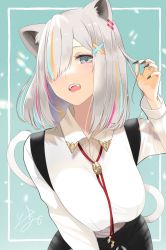 Rule 34 | 1girl, absurdres, animal ear fluff, animal ears, blonde hair, blue hair, breasts, collared shirt, commentary request, grey eyes, hair ornament, hair over one eye, highres, hololive, isuka, large breasts, lion ears, lion girl, lion tail, long sleeves, looking at viewer, medium hair, multicolored hair, open mouth, purple hair, shirt, shishiro botan, shishiro botan (button-down), signature, silver hair, simple background, solo, streaked hair, tail, teeth, upper body, upper teeth only, virtual youtuber, white shirt, x hair ornament