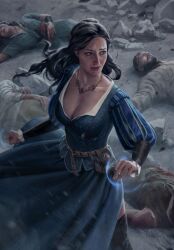 Rule 34 | 2boys, 3girls, black hair, blue dress, breasts, cleavage, death, dress, european clothes, gwent (game), highres, jewelry, large breasts, long hair, magic, multiple boys, multiple girls, necklace, non-web source, the witcher (series), tissaia de vries, yellow eyes
