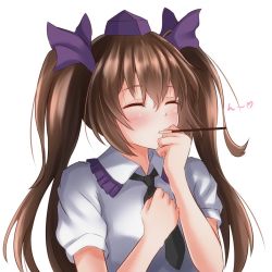 Rule 34 | 1girl, arms up, black necktie, blush, brown hair, clenched hands, closed eyes, facing away, food, hair between eyes, hair ribbon, hand on own chest, hand on own face, hat, himekaidou hatate, mouth hold, necktie, pocky, pocky kiss, puffy short sleeves, puffy sleeves, purple hat, ribbon, shared food, shiranui (wasuresateraito), shirt, short hair, short sleeves, simple background, solo, tokin hat, touhou, two side up, upper body, white background, white shirt