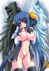 Rule 34 | 1girl, arc system works, asymmetrical wings, blue hair, blush, bow, breasts, dizzy (guilty gear), guilty gear, hair bow, kakogawa tarou, large breasts, long hair, midriff, navel, necro (guilty gear), nipples, red eyes, ribbon, tail, tail ornament, tail ribbon, thighhighs, uncensored, undine (guilty gear), wings