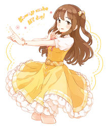 Rule 34 | 1girl, blush stickers, bow, breasts, brown eyes, brown hair, cropped legs, dress, eighth note, english text, enu (roco roco44), frilled dress, frills, hair bow, idolmaster, idolmaster cinderella girls, index finger raised, long hair, looking at viewer, mizumoto yukari, musical note, neck ribbon, one side up, open mouth, outstretched arm, pink ribbon, puffy short sleeves, puffy sleeves, ribbon, romaji text, shirt, short sleeves, small breasts, smile, solo, very long hair, white background, white shirt, yellow bow, yellow dress
