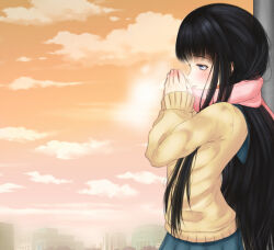 Rule 34 | 1girl, blunt bangs, breath, breathing on hands, brown sweater, building, cloud, cloudy sky, cold, commentary request, from side, grey eyes, grey serafuku, grey skirt, hands up, hime cut, himegami aisa, light blush, long hair, long sleeves, orange sky, outdoors, own hands together, parted lips, pink scarf, pleated skirt, scarf, school uniform, serafuku, shin (highest1192), sidelocks, skirt, sky, solo, sweater, toaru majutsu no index, upper body, very long hair, winter, winter clothes