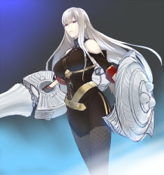 Rule 34 | 00s, 1girl, bare shoulders, breasts, ginka sima, gloves, lance, large breasts, long hair, pantyhose, polearm, red eyes, selvaria bles, senjou no valkyria (series), senjou no valkyria 1, shield, silver hair, solo, weapon