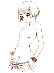 Rule 34 | 00s, 1girl, blunt bangs, blush, bob cut, breasts, brown eyes, brown hair, brown theme, cleft of venus, cowboy shot, last exile, lavie head, monochrome, murata range, nude, pussy, short hair, simple background, small breasts, solo, uncensored, undressing, watch, white background, wristwatch