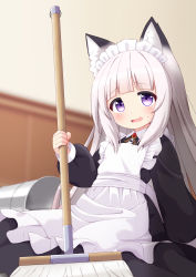 Rule 34 | 1girl, absurdres, animal ear fluff, animal ears, apron, black dress, blunt bangs, blush, bucket, dress, fang, fox ears, frilled dress, frills, grey hair, hand up, highres, holding, holding mop, long hair, long sleeves, looking at viewer, maid, maid headdress, mogura2009, mop, multicolored clothes, multicolored dress, open mouth, original, purple eyes, solo, very long hair, white dress