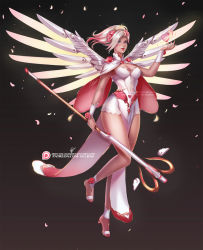 Rule 34 | 1girl, adapted costume, alternate costume, armor, blonde hair, blue eyes, bodice, breasts, cape, cleavage, faulds, floating, flower, full body, glowing, glowing wings, gradient background, gradient hair, grey background, hair flower, hair ornament, halo, heart, holding, holding staff, leg up, light smile, lipstick, looking away, makeup, mechanical halo, mechanical wings, medium breasts, mercy (overwatch), multicolored hair, nail polish, nose, olchas, overwatch, overwatch 1, pelvic curtain, peony (flower), petals, pink hair, red lips, rose, signature, sleeveless, solo, spread wings, staff, watermark, web address, wings, yellow wings
