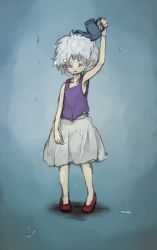 Rule 34 | .flow, 1girl, arm up, armpits, closed eyes, full body, highres, holding, left-handed, sabitsuki, shoes, short hair, skirt, sleeveless, solo, tsukushi (toxicdoll), turtleneck, watering can, white hair