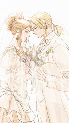 1boy 1girl blonde_hair bouquet bow bowtie bridal_veil bride closed_eyes collared_shirt couple dress flower forehead-to-forehead gloves groom hair_ornament hair_tie heads_together hetero highres holding holding_bouquet husband_and_wife jacket juliet_sleeves kurokawa_karasu light_smile link long_sleeves low_ponytail nintendo parted_bangs pink_flower pink_tulip pointy_ears princess_zelda puffy_sleeves shirt sidelocks suit_jacket the_legend_of_zelda triforce_earrings tulip updo veil wedding wedding_dress white_background white_bow white_bowtie white_dress white_gloves white_jacket white_shirt