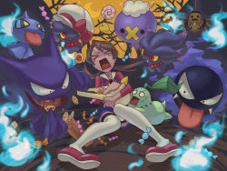 Rule 34 | 1girl, :p, alternate color, alternate shiny pokemon, bag, biting, bow, brown hair, cabbie hat, candy, chikorita, clothed pokemon, cookie, cosplay, creatures (company), drifloon, fangs, food, game freak, gastly, gen 1 pokemon, gen 2 pokemon, gen 3 pokemon, gen 4 pokemon, ghost, hair in own mouth, hair ribbon, halloween, hat, haunter, lyra (pokemon), lyra (pokemon) (cosplay), misdreavus, nintendo, one eye closed, open mouth, overalls, pink ribbon, pokemon, pokemon hgss, red ribbon, ribbon, satou kivi, scared, screaming, short twintails, shuppet, spinarak, thighhighs, tongue, tongue out, twintails, white thighhighs, wink, you gonna get raped