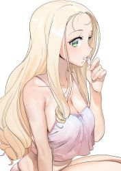 Rule 34 | 1girl, absurdres, blonde hair, blush, breasts, camisole, cleavage, collarbone, dorontabi, girls und panzer, green eyes, highres, large breasts, long hair, looking at viewer, marie (girls und panzer), midriff, panties, pink panties, simple background, sitting, solo, suggestive fluid, underwear, white background
