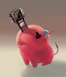 Rule 34 | 1girl, bocchi the rock!, cable, chainsaw man, cube hair ornament, dana (ocana dana), fang, gotoh hitori, grey background, guitar, hair ornament, hybrid, instrument, one side up, open mouth, pochita (chainsaw man), simple background, solo, tearing up