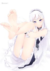 Rule 34 | 1girl, absurdres, apron, azur lane, barefoot, belfast (azur lane), dress, feet, highres, jewelry, ju yorimoto, looking at viewer, maid, maid apron, maid headdress, necklace, panties, simple background, smile, soles, solo, toes, underwear, white background, white hair