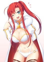 Rule 34 | 1girl, :d, blue eyes, blush, boudica (fate), boudica (third ascension) (fate), bra, breasts, cape, cleavage, cowboy shot, fate/grand order, fate (series), large breasts, long hair, looking at viewer, nakamura hinato, o-ring, one eye closed, open mouth, panties, parted bangs, ponytail, red hair, sidelocks, simple background, smile, solo, thighhighs, underwear, white background, white bra, white panties