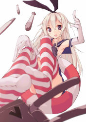 Rule 34 | 10s, 1girl, akesaka iku, armpits, blonde hair, elbow gloves, feet, foot focus, gloves, hairband, heart, heart-shaped pupils, innertube, kantai collection, lifebuoy, long hair, no shoes, rensouhou-chan, shimakaze (kancolle), smile, soles, striped clothes, striped thighhighs, swim ring, symbol-shaped pupils, thighhighs, torpedo