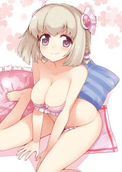Rule 34 | 1girl, ar tonelico, ar tonelico iii, bare legs, bare shoulders, barefoot, bikini, bra, braid, breasts, brown hair, cleavage, feet, hair ornament, kamoto tatsuya, large breasts, looking at viewer, panties, pillow, pink eyes, saki (ar tonelico), short hair, sitting, smile, solo, strapless, strapless bra, swimsuit, twin braids, underwear, underwear only, wariza