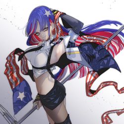 Rule 34 | 1girl, american flag, anno88888, arm up, black necktie, black skirt, blue eyes, blue hair, breasts, closed mouth, commentary request, flag, gradient background, highres, holding, holding flag, jacket, kantai collection, large breasts, long hair, long sleeves, looking at viewer, multicolored hair, necktie, red hair, shirt, simple background, single leg pantyhose, skirt, sleeveless, sleeveless shirt, solo, south dakota (kancolle), star (symbol), white hair, white shirt
