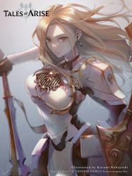 Rule 34 | 1boy, 1girl, absurdres, armor, back cutout, blonde hair, bodysuit, boobplate, breastplate, brown eyes, clothing cutout, copyright name, female knight, gauntlets, gloves, highres, holding, holding weapon, kisara (tales), knight, kurumi kobayashi, long hair, looking at viewer, mace, official art, pauldrons, shield, shoulder armor, solo, tales of (series), tales of arise, weapon